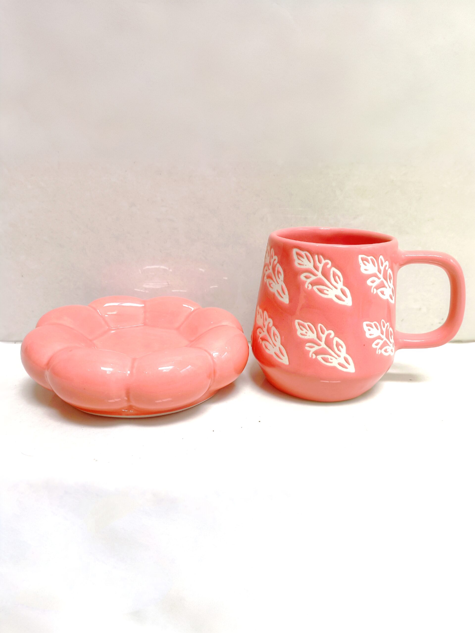 Handcrafted Pink Ceramic Cup and Bubble Saucer Set - Image 2