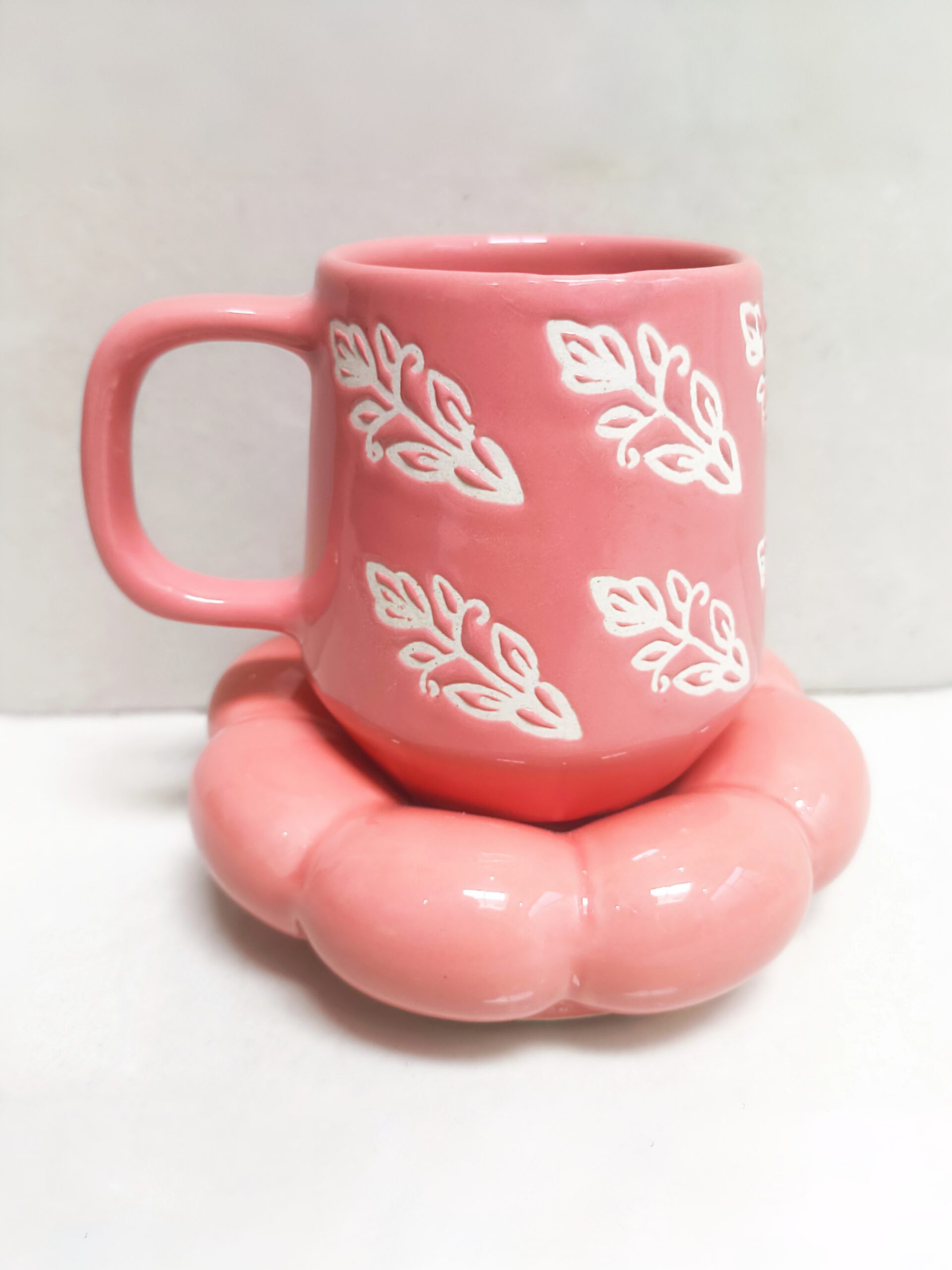 Handcrafted Pink Ceramic Cup and Bubble Saucer Set - Image 3