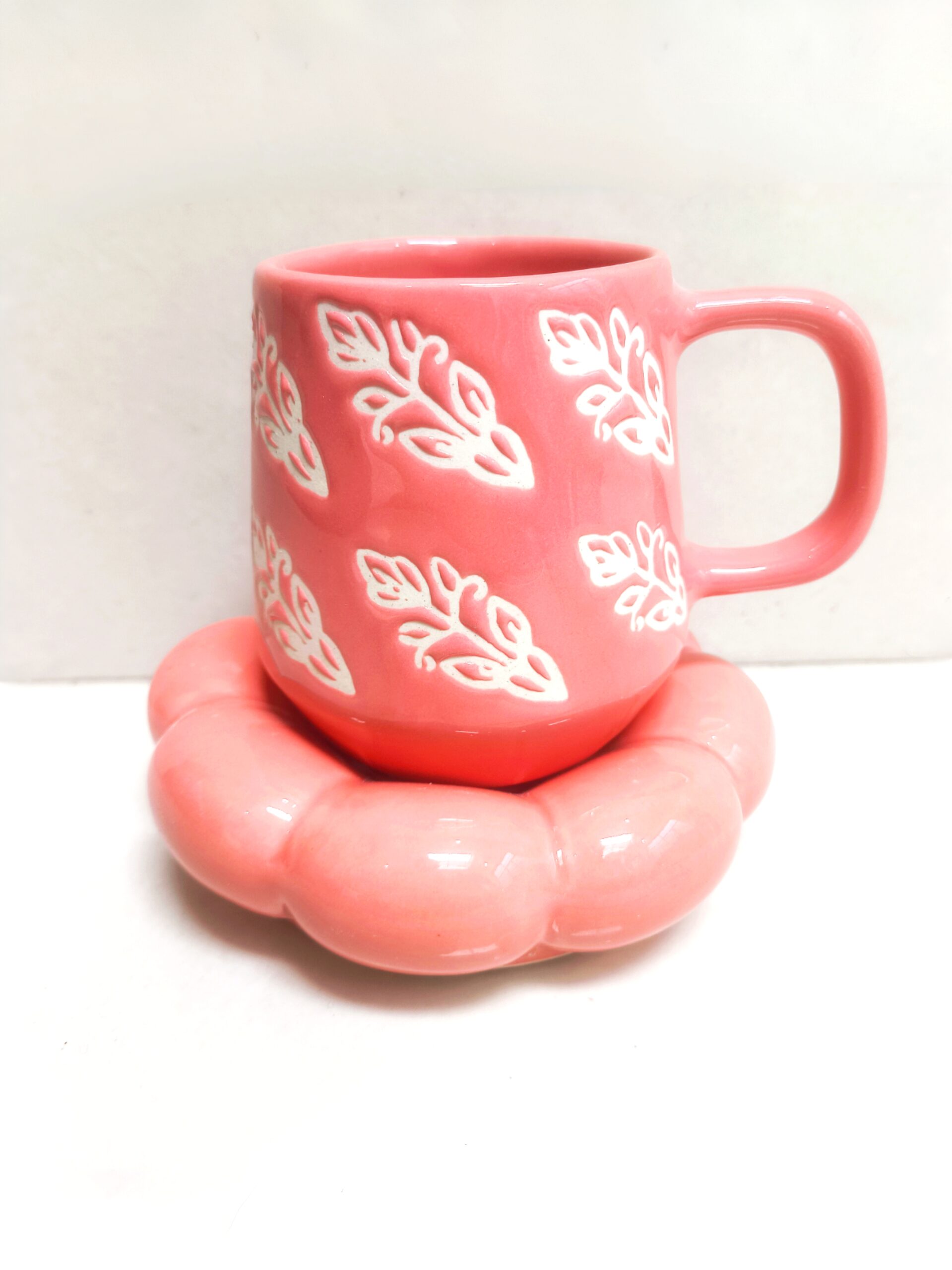 Handcrafted Pink Ceramic Cup and Bubble Saucer Set