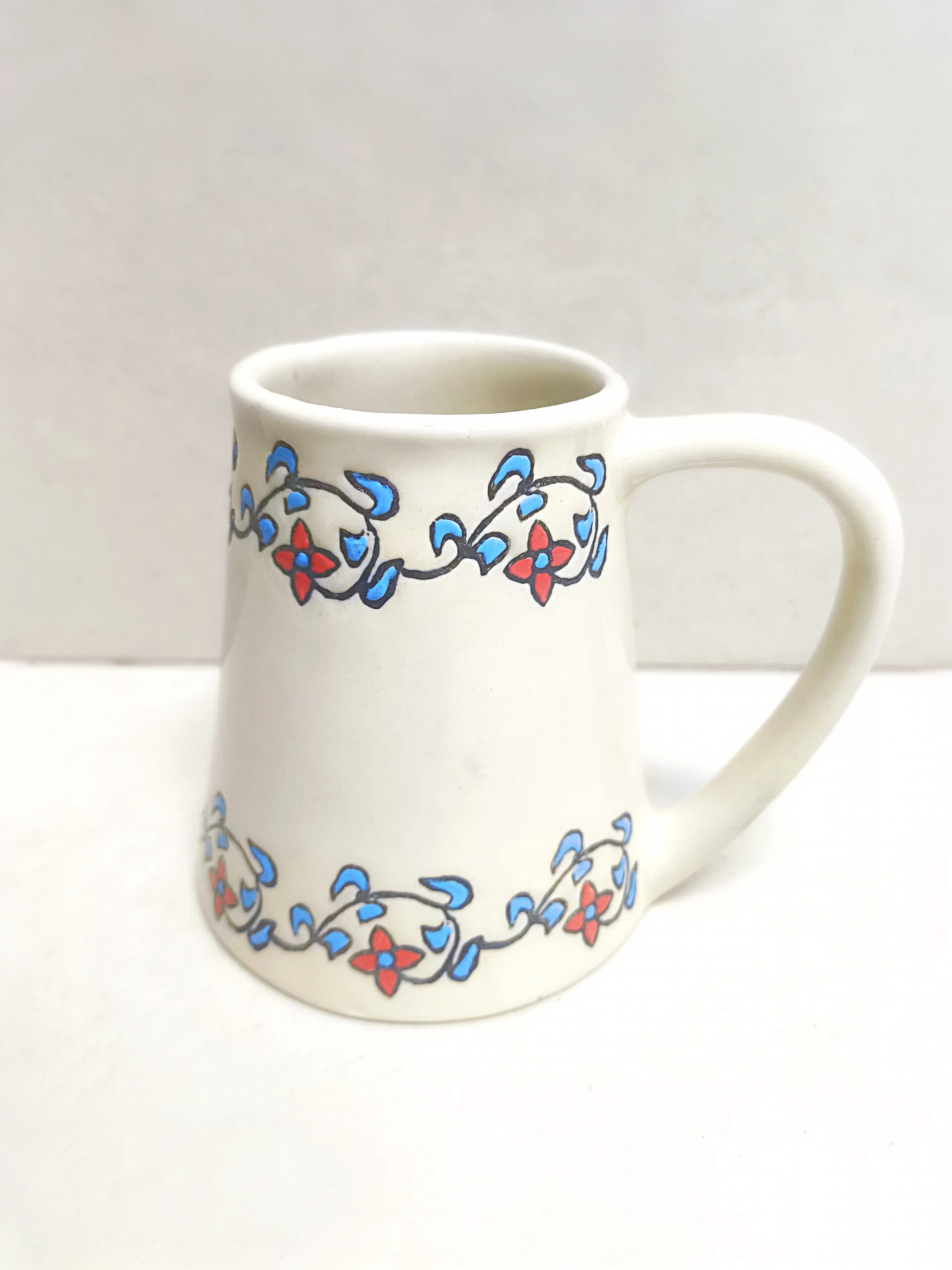 Classic white mug decorated with blue and red flowers